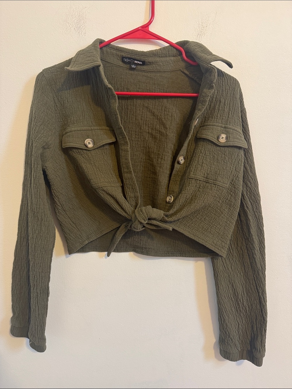 Fashion Nova 2-Piece Set Olive Tie-Front Shirt & Matching Shorts
